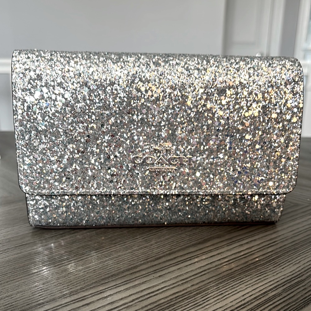 Coach Glitter Flap Clutch Crossbody in Silver